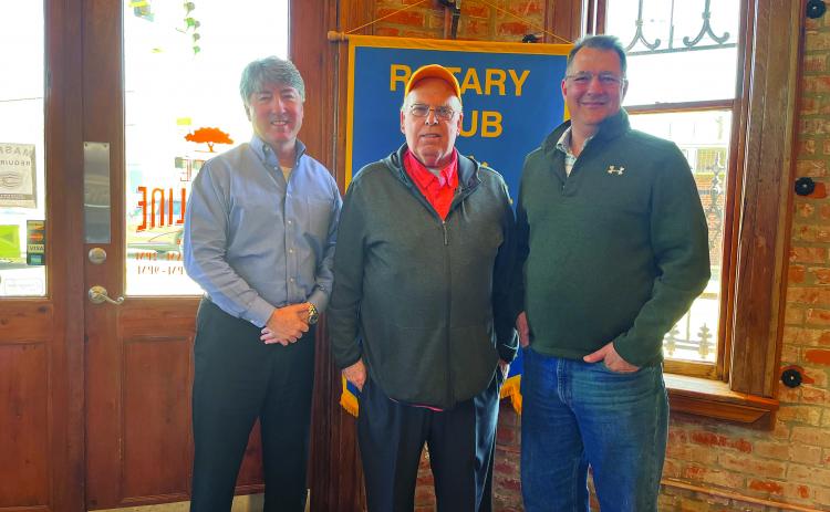 ROTARY WELCOMES GUEST - Dr. Malcolm Vidrine, center, was the guest speaker of the January 4, meeting of the Ville Platte Rotary Club. He is shown with Rotary President Jimmy LeBlanc, left, and Rotarian Dr. Philippe Vidrine, right. (Gazette photo by Heather Bogard)
