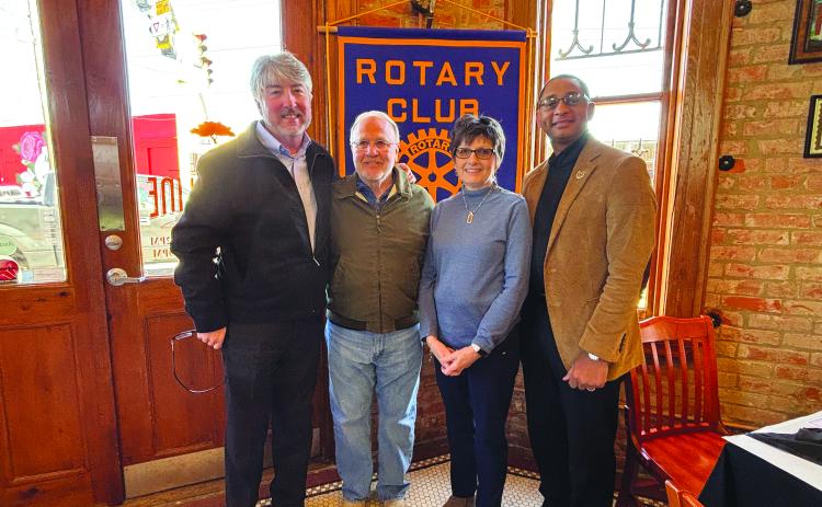 TIME CAPSULE REMEMBERED -  Shown, from left, are Rotarians Jimmy LeBlanc and Ronnie Landreneau, Treasurer Annette Johnson and Rotary President Brian Ardoin. Johnson and LeBlanc talked about the burial of a time capsule by the Rotary Club in 2012 as part of Evangeline Parish’s Centennial celebration. (Gazette photo by Heather Bogard).
