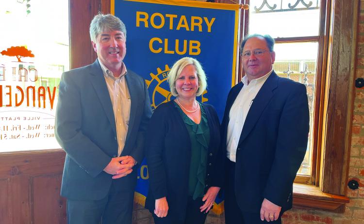 UPDATE PRESENTED - Heidi Melancon, director with the Louisiana Small Business Development Center, was the guest speaker for the January 11, meeting of the Ville Platte Rotary Club, She is shown with Rotary President Jimmy LeBlanc, left, and Rotarian Wayne Vidrine, right. (Gazette photo by Heather Bogard)