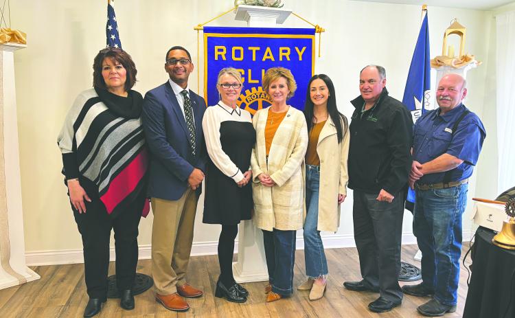 ECONOMIC DEVELOPMENT AUTHORITY ESTABLISHED - Board members of the Evangeline Parish Economic Authority, from left are board members Liz Chatelain and Brian Ardoin, President Opal Andrus, Representative Rhonda Butler, and board members Maggie Eades and Eric Fontenot. They are shown with Rotary President Bob Manuel (right). (Gazette photo by Heather Bogard)
