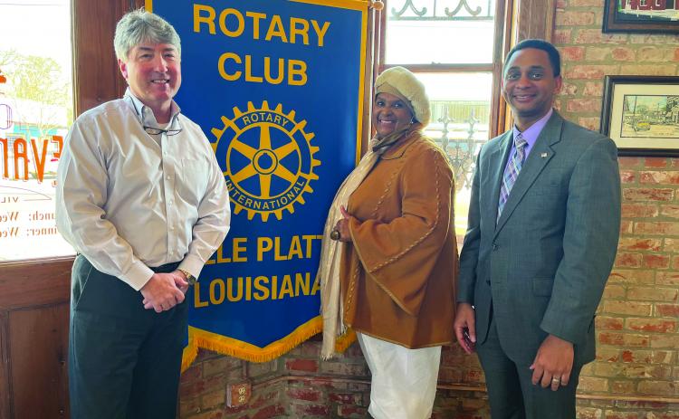 MAYOR GIVES UPDATE - During the February 1, meeting of the Ville Platte Rotary Club, Ville Platte Mayor and Rotarian Jennifer Vidrine gave an update on many exciting projects coming soon to improve the community. She is shown with Rotary President Jimmy LeBlanc, left, and Rotarian Brian Ardoin, right. (Gazette photo by Heather Bogard)