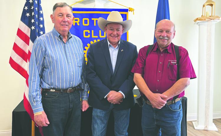UPDATE ON NEW JAIL FACILITY GIVEN - Evangeline Parish Sheriff Charles Guillory (center) visited the February 4, meeting of the Ville Platte Rotary Club to give members an update on the progress of the new jail facility being built in Industrial Park. He is shown with Rotarian Bill Brunet (left) and Rotary President Bob Manuel (right). (Gazette photo by Heather Bogard)
