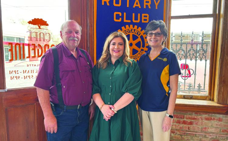 CARE AND SHARE CENTER WORK DISCUSSED -  Shown, from left, are Rotarian/President-Elect Bob Manuel, Kaera Doucet with the Christian Care and Share Center in Ville Platte and Rotary Secretary Annette Johnson. Doucet gave a brief update on the work they do to provide assistance to the less fortunate in the community. (Gazette photo by Heather Bogard)