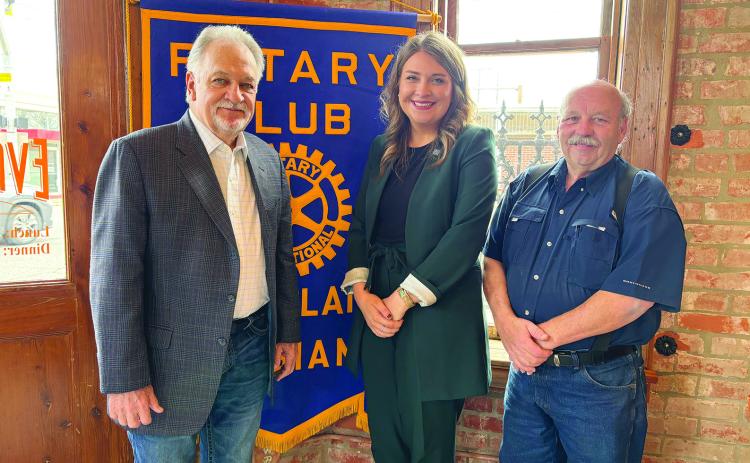 MEMBERS LEARN ABOUT ONE ACADIANA -  Shown, from left, Rotarian Bob Dr. William “Tojo” Ward,  Megan Duhon, executive director with One Acadiana, and Rotary President-Elect Bob Manuel. (Gazette photo by Heather Bogard)