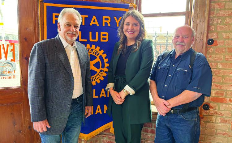 MEMBERS LEARN ABOUT ONE ACADIANA -  Shown, from left, Rotarian Bob Dr. William “Tojo” Ward,  Megan Duhon, executive director with One Acadiana, and Rotary President-Elect Bob Manuel. (Gazette photo by Heather Bogard)