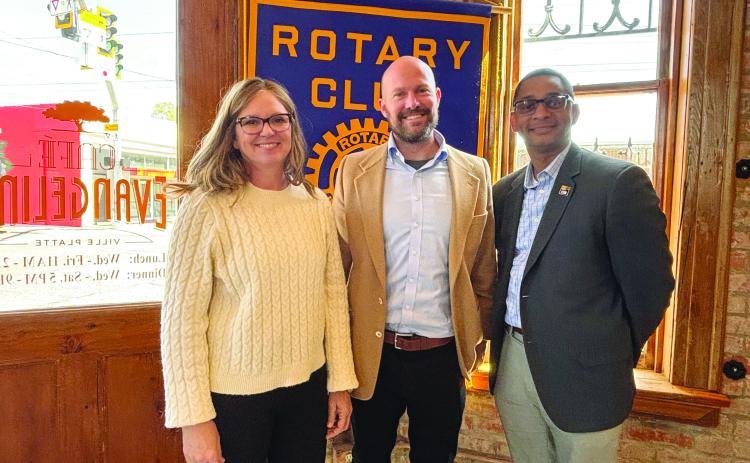 MEMBERS LEARN ABOUT ARCHAEOLOGY RESEARCH -  Shown, from left, Rotarian Nicole Wenger, Louisiana State Archaeologist Samuel Huey and Rotary President Brian Ardoin. (Gazette photo by Heather Bogard)