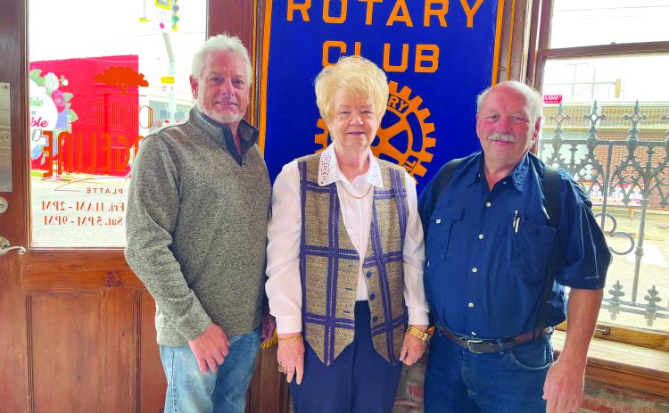SWAMP POP HISTORY SHARED - Sharon Fontenot, curator of the Swamp Pop Museum in Ville Platte, (center) was the guest speaker for the March 21, meeting of the Ville Platte Rotary Club. She is shown with Rotary President Larry Lachney (left) and Rotarian Bob Manuel (right). (Gazette photo by Heather Bogard)