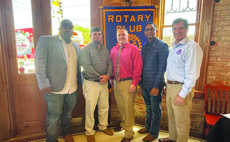 UPDATE ON BROADBAND SERVICE GIVEN -  LUS Interim Fiber Director Jeffery Stewart and Chief Engineer Eric Grimmet presented an update on fiber optic Internet services coming to Ville Platte starting in April. Shown, from left are Ville Platte Mayor and Rotarian Ryan Leday Williams, Grimmet, Stewart, Rotary President Brian Ardoin and Ville Platte City Clerk/Secretary-Treasurer Donald Bergeron. (Gazette photo by Heather Bogard)