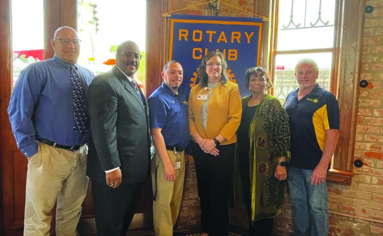 Shown, from left, are Kenneth Kidder (Basile High School teacher), Lazard, Patrick Guillory (assistant principal Evangeline Reimagine Academy), LeJeune, Grace Sibley (teacher of the year coordinator) and Rotary President Larry Lachney. (Gazette photo by Heather Bogard)