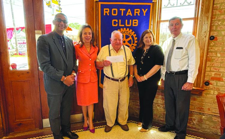 LSUE UPDATES GIVEN -  Shown, from left, are Rotary President Brian Ardoin, LSUE Chancellor Nancee Sorenson, Rotarian Dr. Willie Buller, LSUE Associate Vice Chancellor Carey Lawson and Rotarian Bill Brunet. (Gazette photo by Heather Bogard)