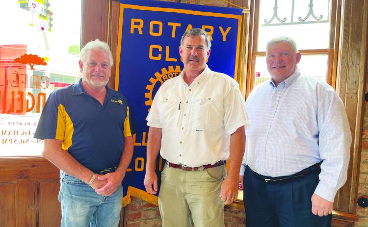ROTARIANS HEAR AGRICULTURE NEWS - Louisiana Farm Bureau President Richard Fontenot (center) was the guest speaker for the May 9, meeting of the Ville Platte Rotary Club. He is shown with Rotary President Larry Lachney (left) and Rotarian Peter Strawitz (right). (Gazette photo by Heather Bogard)