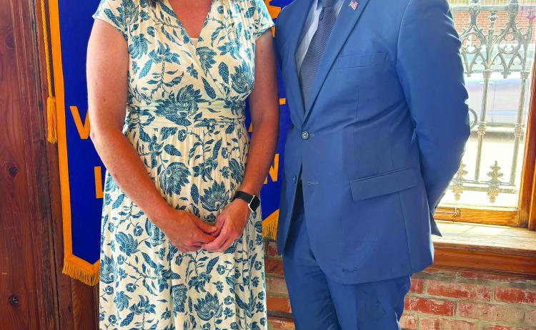 UPDATE GIVEN -  Angela Fontenot, Director of Marketing and Business Development with Savoy Medical Center (left) addressed the May 21, meeting of the Ville Platte Rotary Club. She is shown with Rotary President Brian Ardoin. (Gazette photo by Heather Bogard).