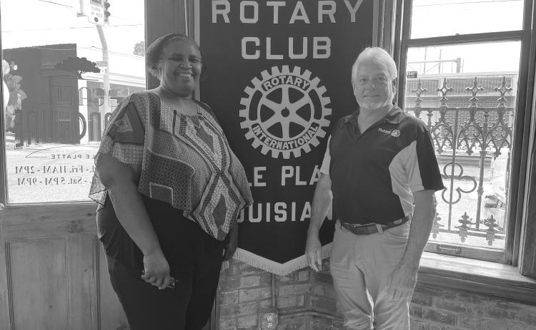 FONTENOT DISCUSSES CAMPS - New Rotarian Linda Fontenot (left) discussed her Save Our Community Kids Adventure Camps during the June 6, meeting of the Ville Platte Rotary Club. She is shown with Rotary President Larry Lachney (right). (Gazette photo by Heather Bogard)