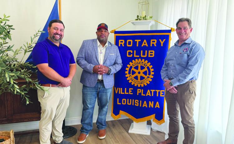MEMBERS HEAR UPDATE FROM VP MAYOR - Ville Platte Mayor Ryan LeDay Williams gave an update on city projects during the June 9, meeting of the Ville Platte Rotary Club. He is shown with Rotary President Beau Wilson (left) and Rotarian and City Clerk-Treasurer Donald Bergeron (right). (Gazette photo by Heather Bogard)