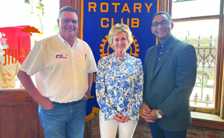 LEGISLATIVE UPDATE GIVEN -  State Representative Rhonda Butler (center)presented an update on the recent legislative session in Baton Rouge to the members of the Ville Platte Rotary during the group’s June 11, meeting. She is shown with Rotarian Mitch Fontenot (left) and Rotary President Brian Ardoin (right). (Gazette photo by Heather Bogard)