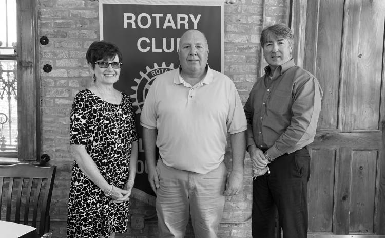 VP ROTARY WELCOMES SPEAKER - Rotarian Annette Johnson, left, welcomed Pat Derouselle, Executive Director with the Evangeline Parish Solid Waste Commission, center, as the guest speaker for the August 10, meeting of the Ville Platte Rotary Club. They are shown with Rotary President Jimmy LeBlanc, right. (Gazette photo by Heather Bogard)