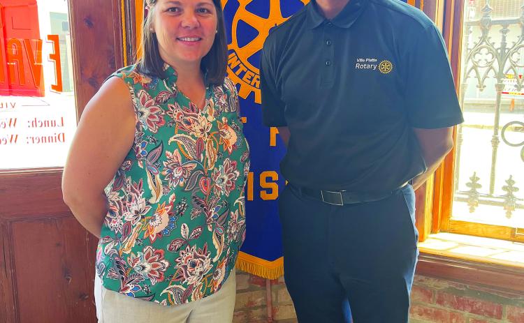NEW MEMBER WELCOMED - Kristi Enicke (left), was welcomed as a new member of the Ville Platte Rotary Club during the weekly meeting held August 15. She is shown with Rotary President Brian Ardoin. (Gazette photo by Heather Bogard)