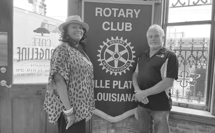 VP MAYOR ADDRESSES ROTARY CLUB - Ville Platte Mayor Jennifer Vidrine (left) addressed her fellow Rotarians during the weekly meeting held August 23. She is shown with Rotary President Larry Lachney. (Gazette photo by Heather Bogard)