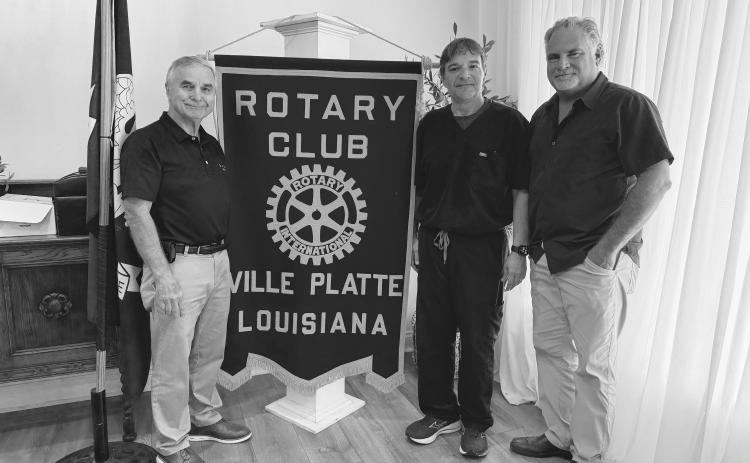 HEALTHCARE SCREENINGS DISCUSSED - Toby Savoy with Care Access (center) visited the Tuesday, August 25, meeting of the Ville Platte Rotary Club. He is shown with Rotary President Dr. Kirk Soileau (left) and Rotarian Eric Gil (right). (Gazette photo by Heather Bogard)