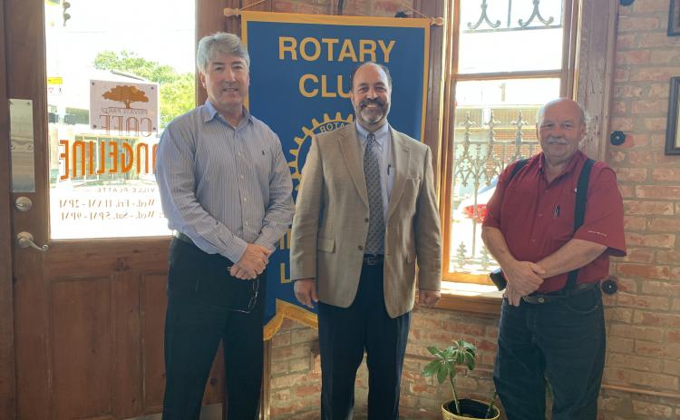 VP ROTARY WELCOMES GUEST - Raymond Hebert, President and CEO of the Community Foundation of Acadiana, center, was the guest speaker for the August 31, meeting of the Ville Platte Rotary Club. He is shown with Rotary President Jimmy LeBlanc, left, and Rotarian Bob Manuel, right. (Gazette photo by Heather Bogard)