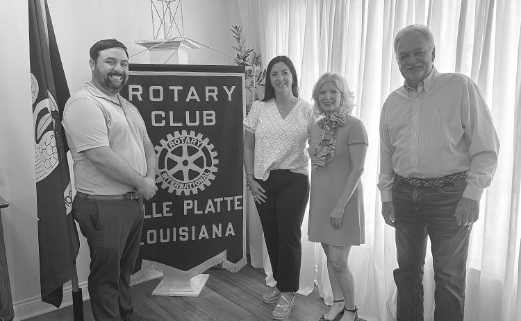 GUMBO GALS TALK POP-UP SHOPS - Shown, from left, are Rotary President Beau Wilson, Samantha LaHaye, Niki Beeson, and Rotarian Dr. William “Tojo” Ward. LaHaye and Beeson discussed their Gumbo Gals business and pop-up shops. (Gazette photo by Heather Bogard)