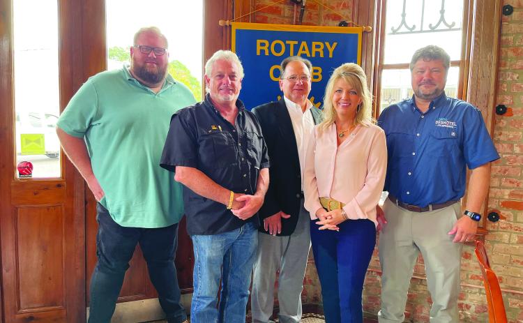 SENATOR CLOUD ADDRESSES ROTARY CLUB - Senator Heather Cloud (second from right) visited the September 6, meeting of the Ville Platte Rotary Club. She is shown with, from left, legislative assistant David Allen, Rotary President Larry Lachney, Rotarian Wayne Vidrine, and State Representative Daryl Deshotel. (Gazette photo by Heather Bogard)