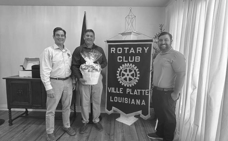 ROTARY DISTRICT GOVERNOR VISITS - Rotary District #6200 District Governor Chris Duhon (center) visited the September 9, meeting of the Ville Platte Rotary Club. He is shown with Rotarian Donald Bergeron (left) and Rotary President Beau Wilson (right). (Gazette photo by Heather Bogard)