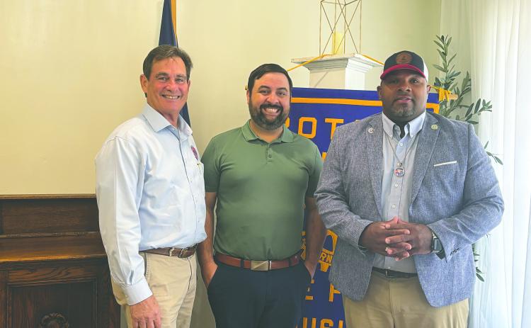 MAYOR SHARES POSITIVE UPDATES - Ville Platte Mayor and Rotarian Ryan LeDay Williams shared positive news on the City of Ville Platte during the September 16, meeting of the Ville Platte Rotary Club. He is shown with City Clerk and Rotarian Donald Bergeron (left) and Rotary President Beau Wilson (center). (Gazette photo by Heather Bogard)