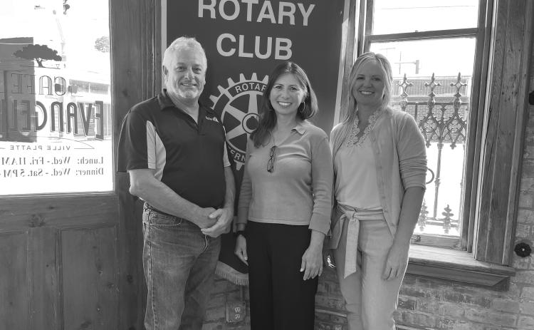 VETERANS ISSUES ADDRESSED - Anita Sugimura, was the guest speaker during the September 20, meeting of the Ville Platte Rotary Club. She is shown with Rotary President Larry Lachney, left, and Rotarian Nicole Wenger, right. (Gazette photo by Heather Bogard)