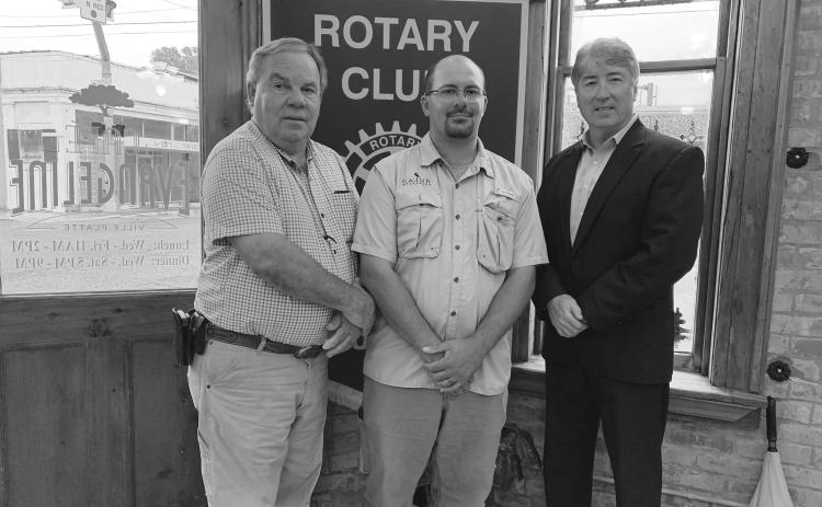 VP ROTARY WELCOMES GUEST - Ian Fontenot with Cajun Broadband, center, was the guest speaker for the September 28, meeting of the Ville Platte Rotary Club. He is shown with Rotarian Steve Phillips, left, and Rotary President Jimmy LeBlanc, right. (Gazette photo by Heather Bogard)