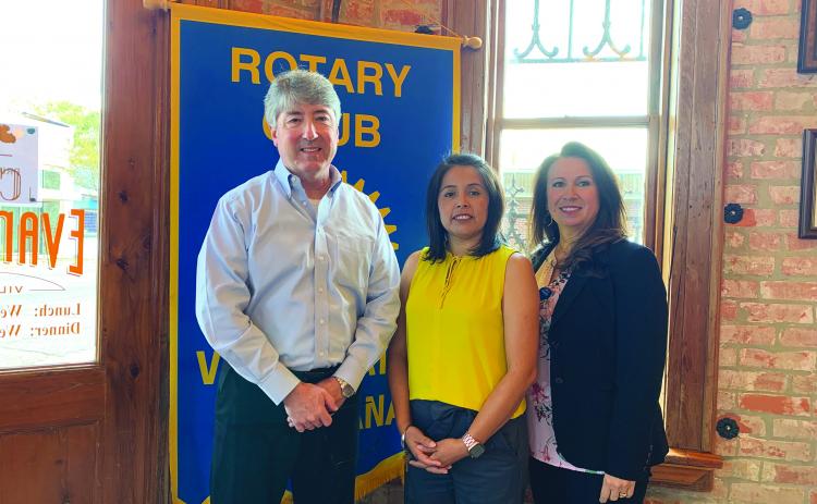 SAWTELLE VISITS WITH VP ROTARY CLUB - Rotary Secretary Renee Brown, right, welcomed Sarahi Sawtelle, center, as the guest speaker for the October 5, meeting of the Ville Platte Rotary Club. They are shown with Rotary President Jimmy LeBlanc, left. (Gazette photo by Heather Bogard)