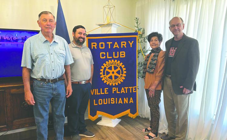 LE GRAND HOORAH HAPPENING SOON - From left are Rotarian Bill Brunet, Rotary President Beau Wilson, Margaret “Chicken” Aucoin and Gilbert “Winky” Aucoin at the October 14, meeting of the Ville Platte Rotary Club. The Aucoins gave an update on activities for Le Grand Hoorah taking place November 1-2, at Lakeview Park in Eunice. (Gazette photo by Heather Bogard)