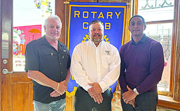 VIDRINE IS GUEST SPEAKER - EPPJ President Bryan Vidrine (center) was the guest speaker for the October 17, meeting of the Ville Platte Rotary Club. He is shown with Rotarian Larry Lachney (left) and Rotary President Brian Ardoin. (Gazette photo by Heather Bogard)