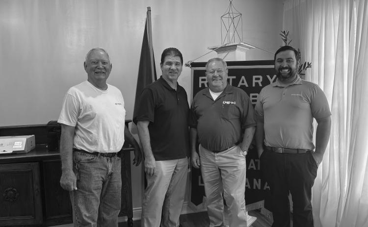 SENIOR LIVING DISCUSSED - From left are Rotarian Brent Coreil, Eric Fruge and Landie Thompson with Chateau des Amis and Rotary President Beau Wilson. Fruge and Thompson talked about active living in a senior apartment. (Gazette photo by Heather Bogard)