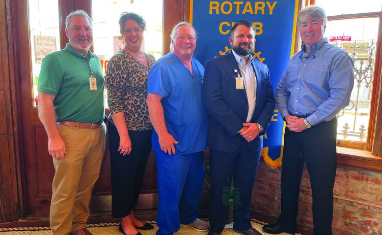 SMC CEO GIVES UPDATE - Rotarian Jackie Riche’ welcomed new Savoy Medical Center CEO Lance Armentor to address the November 2, meeting of the Ville Platte Rotary Club. Shown, from left are SMC employees Danny LaHaye, Jackie Riche’, Otis Johnson and Armentor. They are shown with Rotary President Jimmy LeBlanc, right. (Gazette photo by Heather Bogard)
