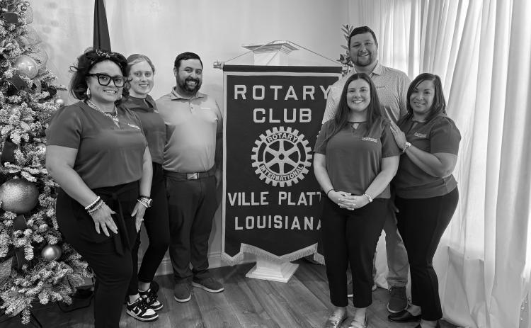 CREDIT UNION DISCUSSED - Rotarian Lainey Ardoin invited Chad Miller Southwest Louisiana Credit Union to address the November 25, meeting of the Ville Platte Rotary Club. Shown, from left, are Makeitta Citizen, Sam Lanham, Rotary President Beau Wilson, Lainey Ardoin, Chad Miller and Angie Bellow. (Gazette photo by Heather Bogard)