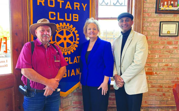 ENERGY SAVING TIPS GIVEN -  Sabrina Salling with Cleco (center) addressed the November 28, meeting of the Ville Platte Rotary Club. She is shown with Rotarian Bob Manuel (left) and Rotary Club President Brian Ardoin. (Gazette photo by Heather Bogard).