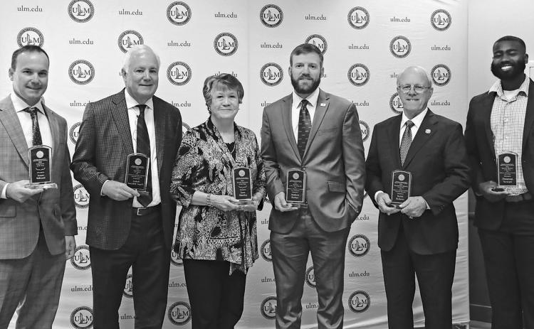 The University of Louisiana Monroe School of Construction Management (SOCM) held its spring awards luncheon with alumni awards given to deserving candidates, including, from left, Robert “Popie” Billeaud and Stuart Billeaud, Constructor of the Year award; Jane Shurley, Female Alumna of the Year; Andrew Barber, Under-40 Alumnus of the Year; Keith Roberts, Distinguished Alumnus of the Year and Donovan Stewart, Minority Alumnus of the Year.