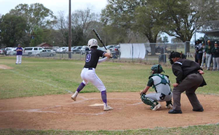 Bulldog slugger Bastian Veillon (9) stands ready at the plate. He went 1-for-2 in Ville Platte’s 11-9 win against Mamou. He walked three times and scored two runs.  (Gazette photo by Rhett Manuel)