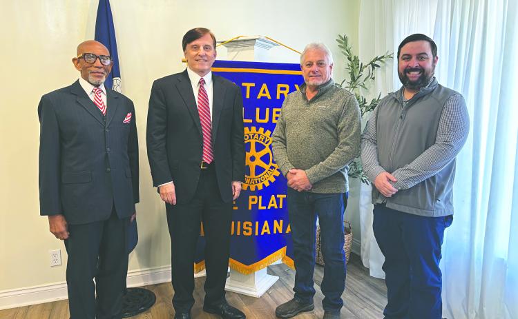 STATE TREASURER VISITS VILLE PLATTE - Louisiana State Treasurer Dr. John Fleming visited with the Ville Platte Rotary Club as the guest speaker on January 13. Shown, from left, are Elbert Guillory, Fleming, Rotarian Larry Lachney and Rotary President Beau Wilson. (Gazette photo by Heather Bogard)